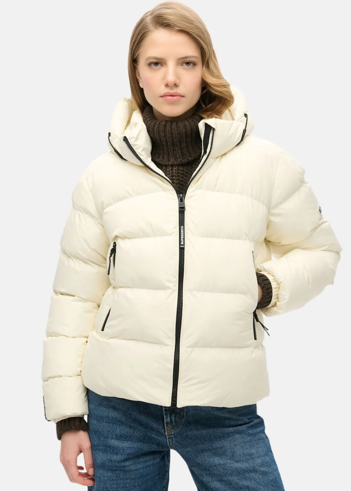 Discount Superdry Hooded Sports Puffer Jacket Off White