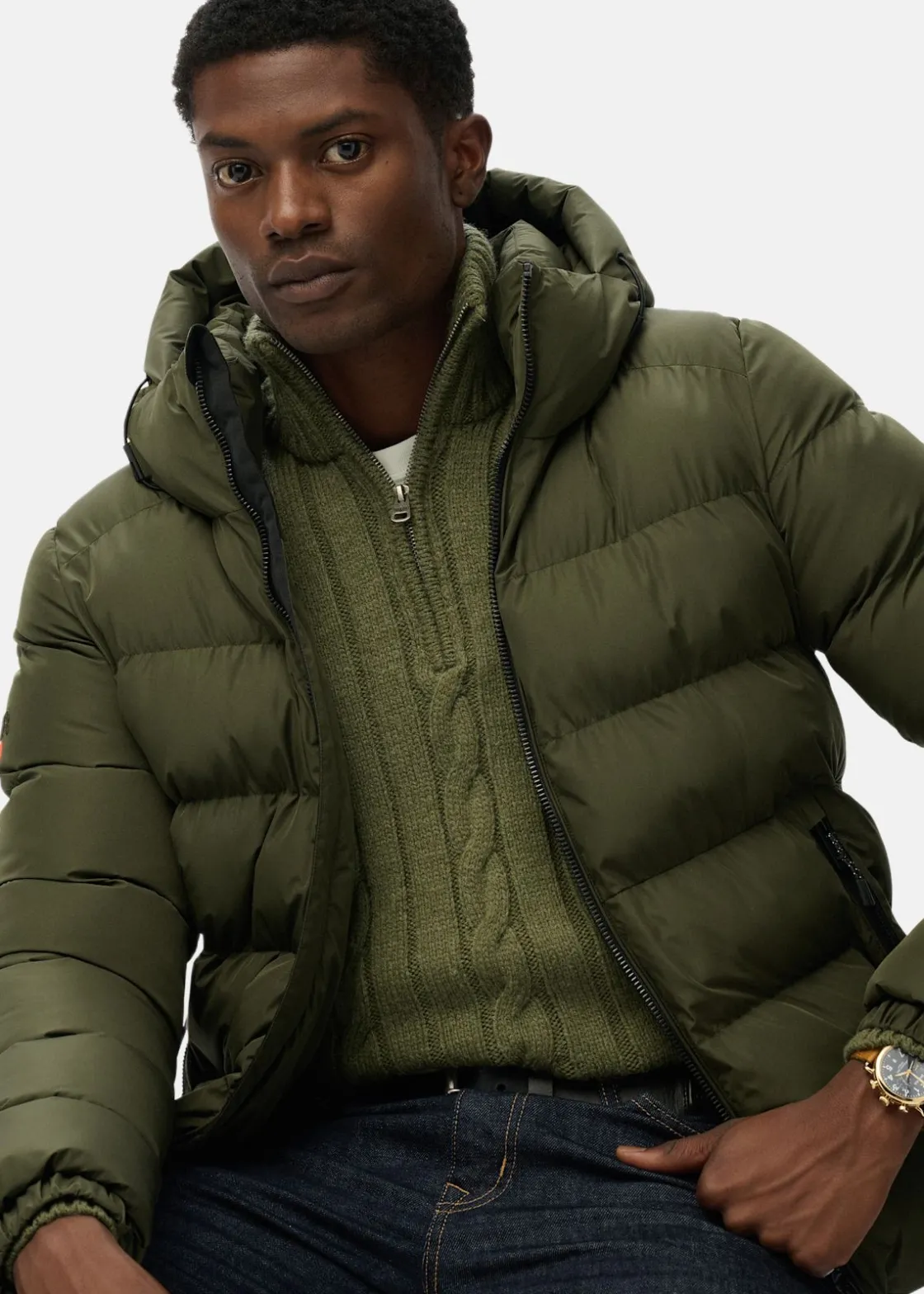 New Superdry HOODED SPORTS PUFFER JACKET Army Khaki/Army Khaki