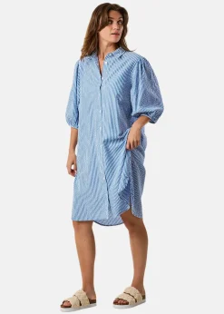 New Seaside Marina Seersucker Oversized Shirt W Blue Stripe