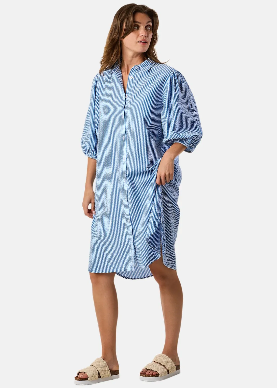 New Seaside Marina Seersucker Oversized Shirt W Blue Stripe