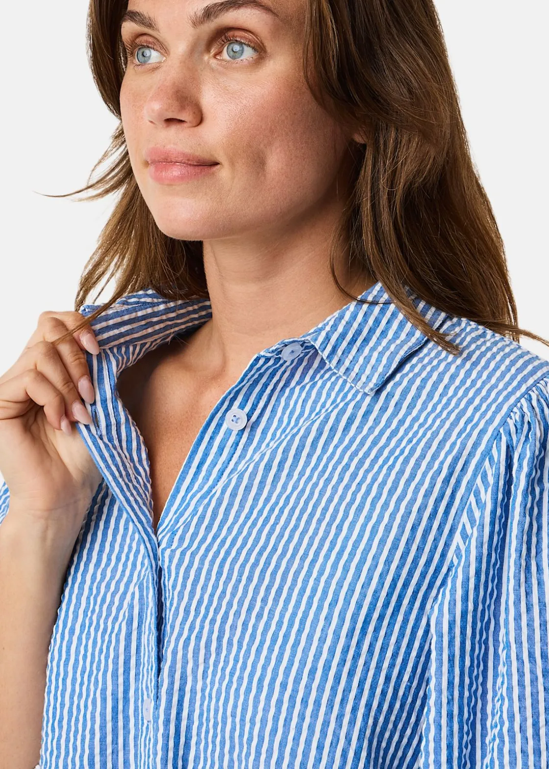 New Seaside Marina Seersucker Oversized Shirt W Blue Stripe