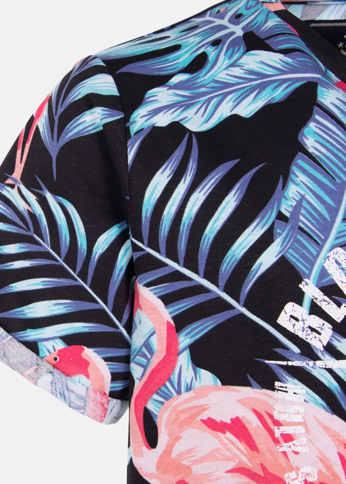 Hot Blount & Pool Tropical Tee JR Black Flamingo Leaf